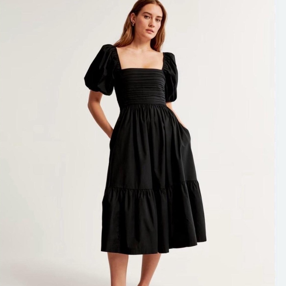 Abercrombie & Fitch Emerson Black Midi Dress with Puff Sleeves